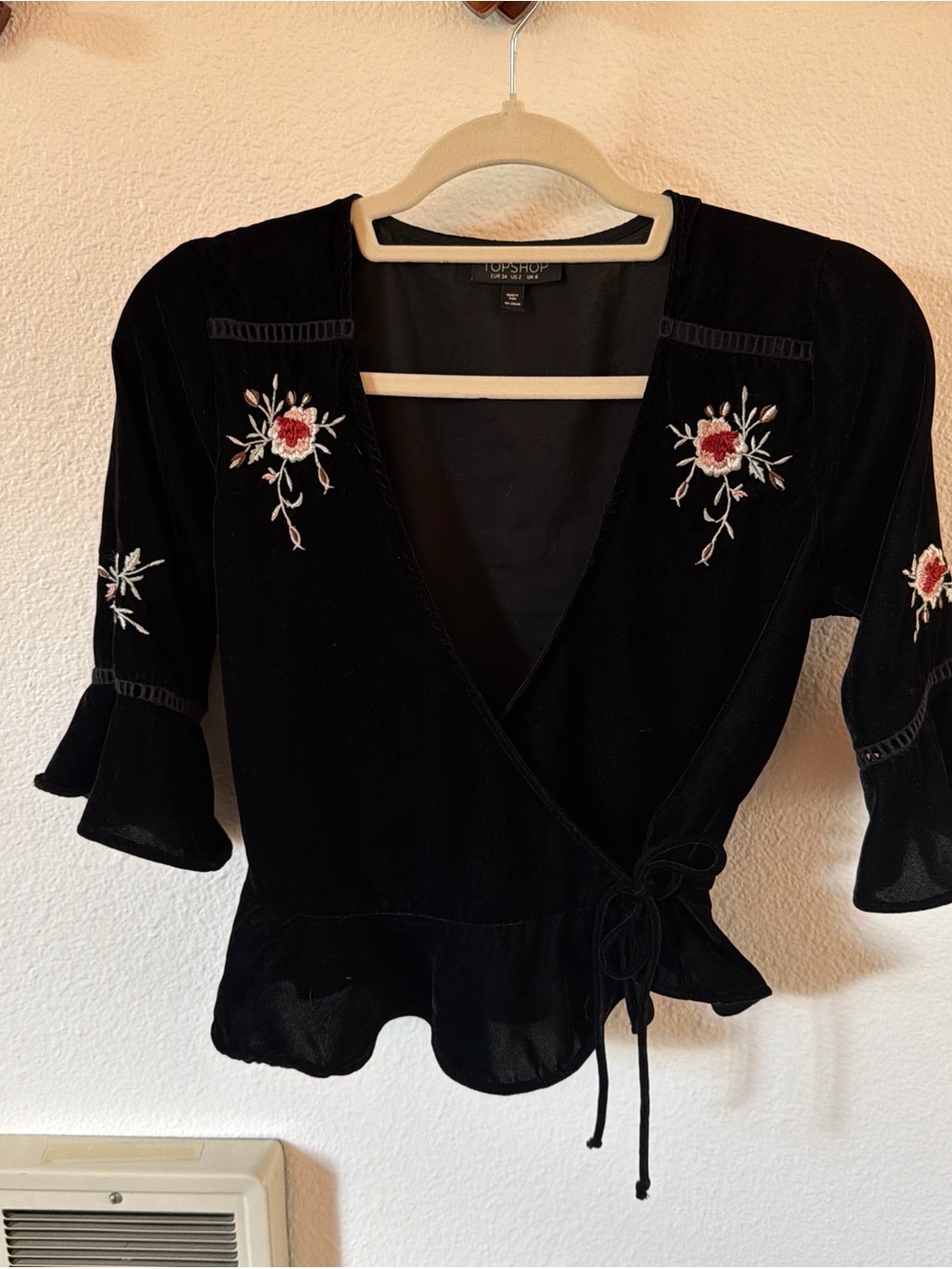 Topshop Black Velvet Wrap Blouse with Embroidered Floral Accents